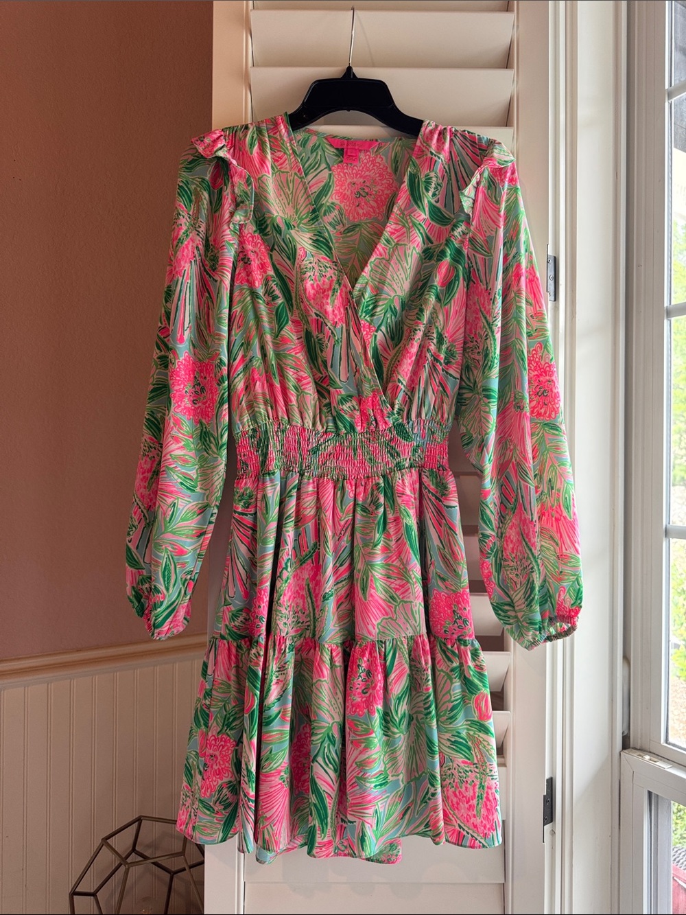 Lilly Pulitzer Pink & Green Floral Wrap-Front Long Sleeve Mini Dress